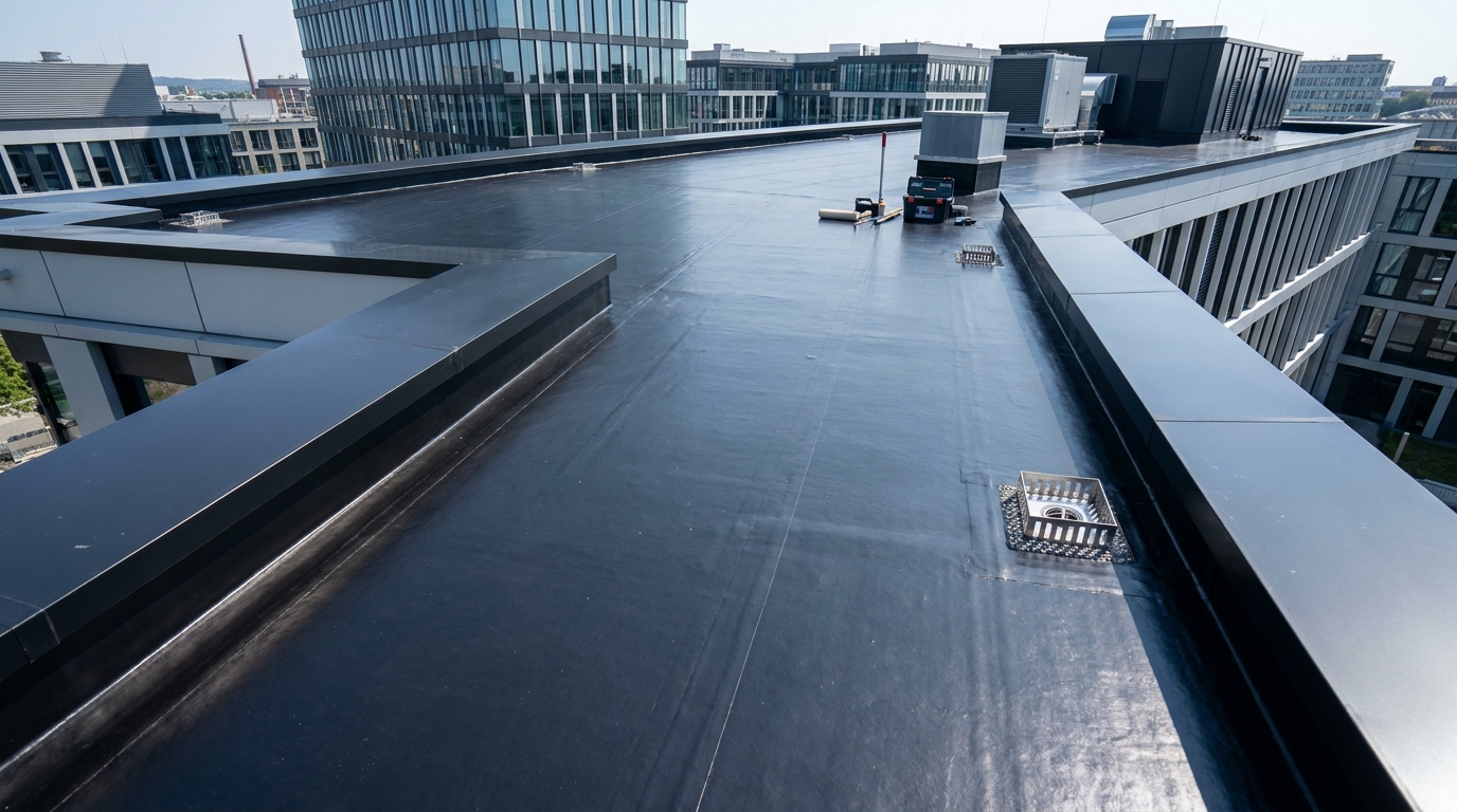 Professionelle Flachdachabdichtung an Gewerbegebäude